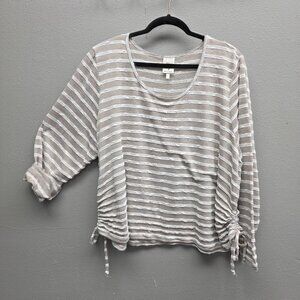 Self Esteem Shirt Womens 3X Beige White Stripe Long Sleeve Ruched Drawstring Top